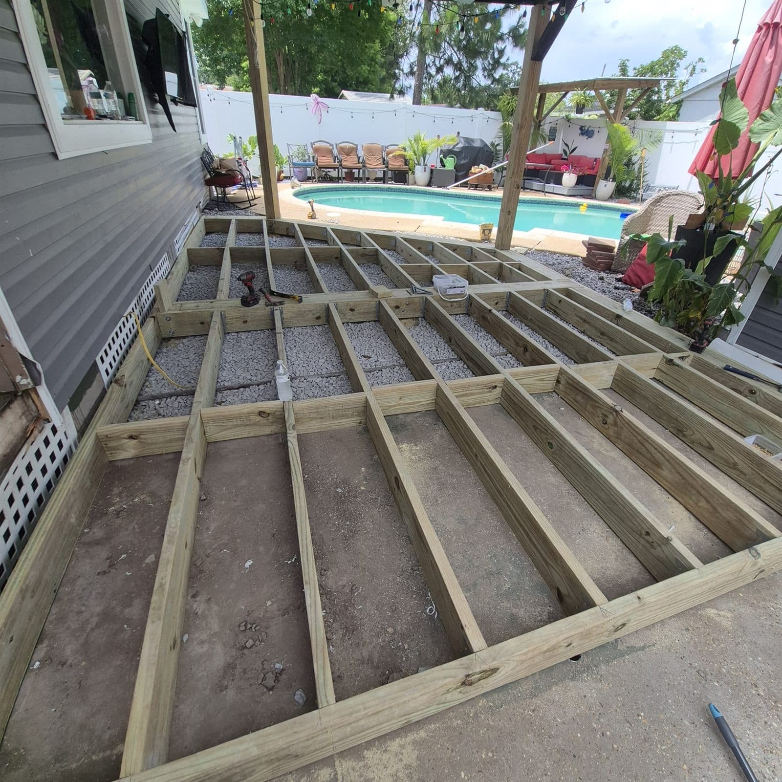 Deck framing during construction