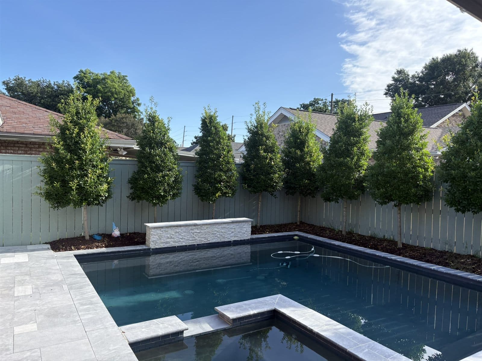 Backyard pool with new privacy fencing, matched trees and a travertine deck completed by KoKo Construction